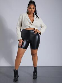 SHEIN SXY 大碼素色缺口領短版西裝 - 杏色 - 查看 3