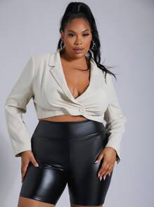 SHEIN SXY 大碼素色缺口領短版西裝 - 杏色 - 查看 4