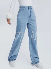 SHEIN 高腰字母圖案破洞男友褲牛仔褲 - 中等水洗藍 - 查看 1