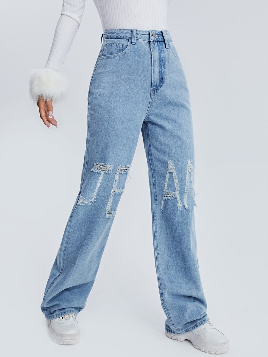 SHEIN 高腰字母圖案破洞男友褲牛仔褲 - 中等水洗藍 - 查看 1