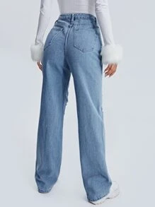 SHEIN 高腰字母圖案破洞男友褲牛仔褲 - 中等水洗藍 - 查看 2