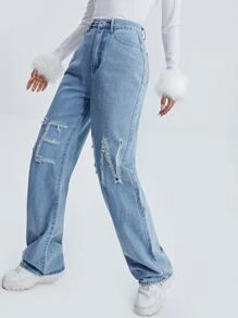 SHEIN 高腰字母圖案破洞男友褲牛仔褲 - 中等水洗藍 - 查看 3