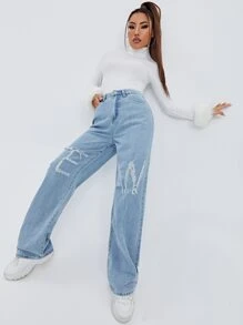 SHEIN 高腰字母圖案破洞男友褲牛仔褲 - 中等水洗藍 - 查看 5