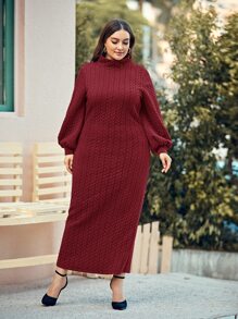 Mulvari 勃艮第红色加大漏斗领开衩后背粗针织连衣裙 - 酒紅色 - 查看 3