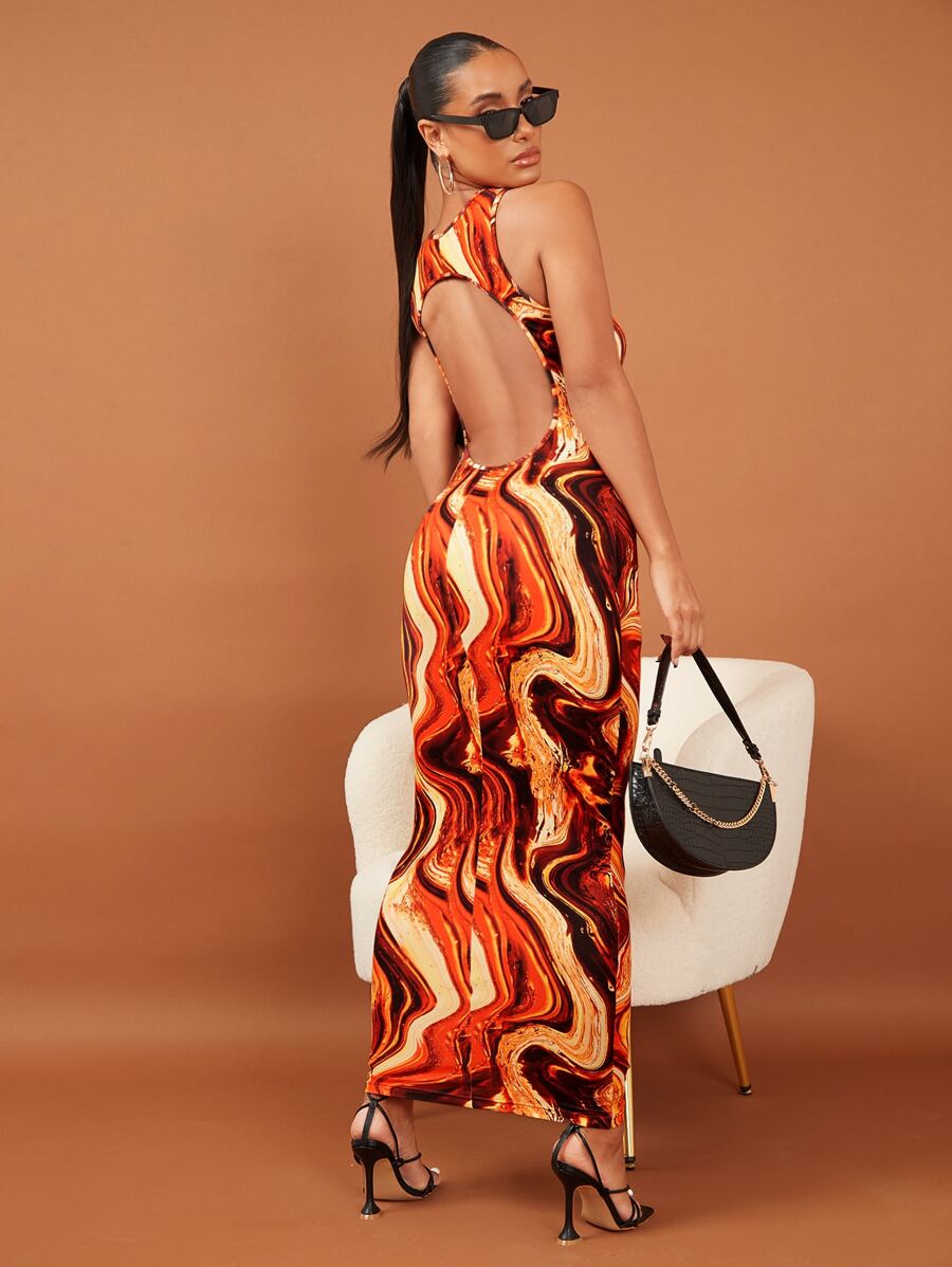 SHEIN BAE 隨機大理石圖案後鏤空緊身連衣裙 - 彩色 - 查看 1