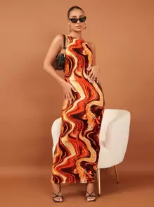 SHEIN BAE 隨機大理石圖案後鏤空緊身連衣裙 - 彩色 - 查看 3