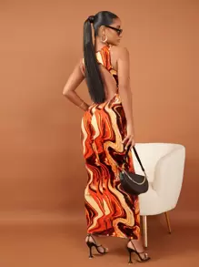 SHEIN BAE 隨機大理石圖案後鏤空緊身連衣裙 - 彩色 - 查看 4