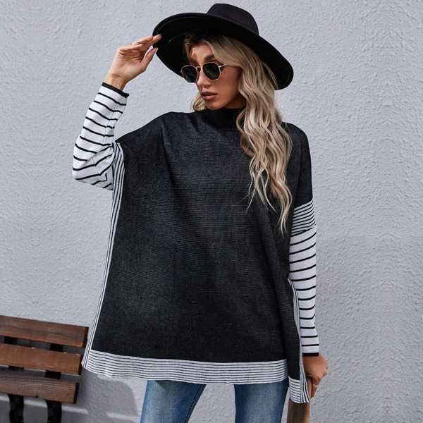 

Striped Print High Neck Batwing Sleeve Sweater, Black