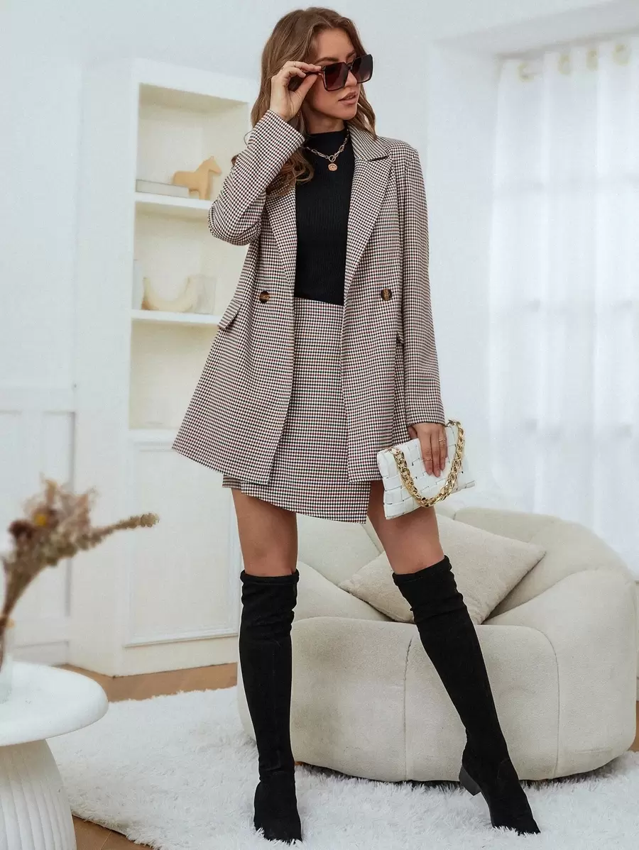 Plaid Double Button Blazer & Wrap Skirt