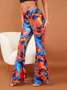 SHEIN Pantalones acampanados al azar con estampado de mármol con cordón trasero - Multicolor - Ver 1