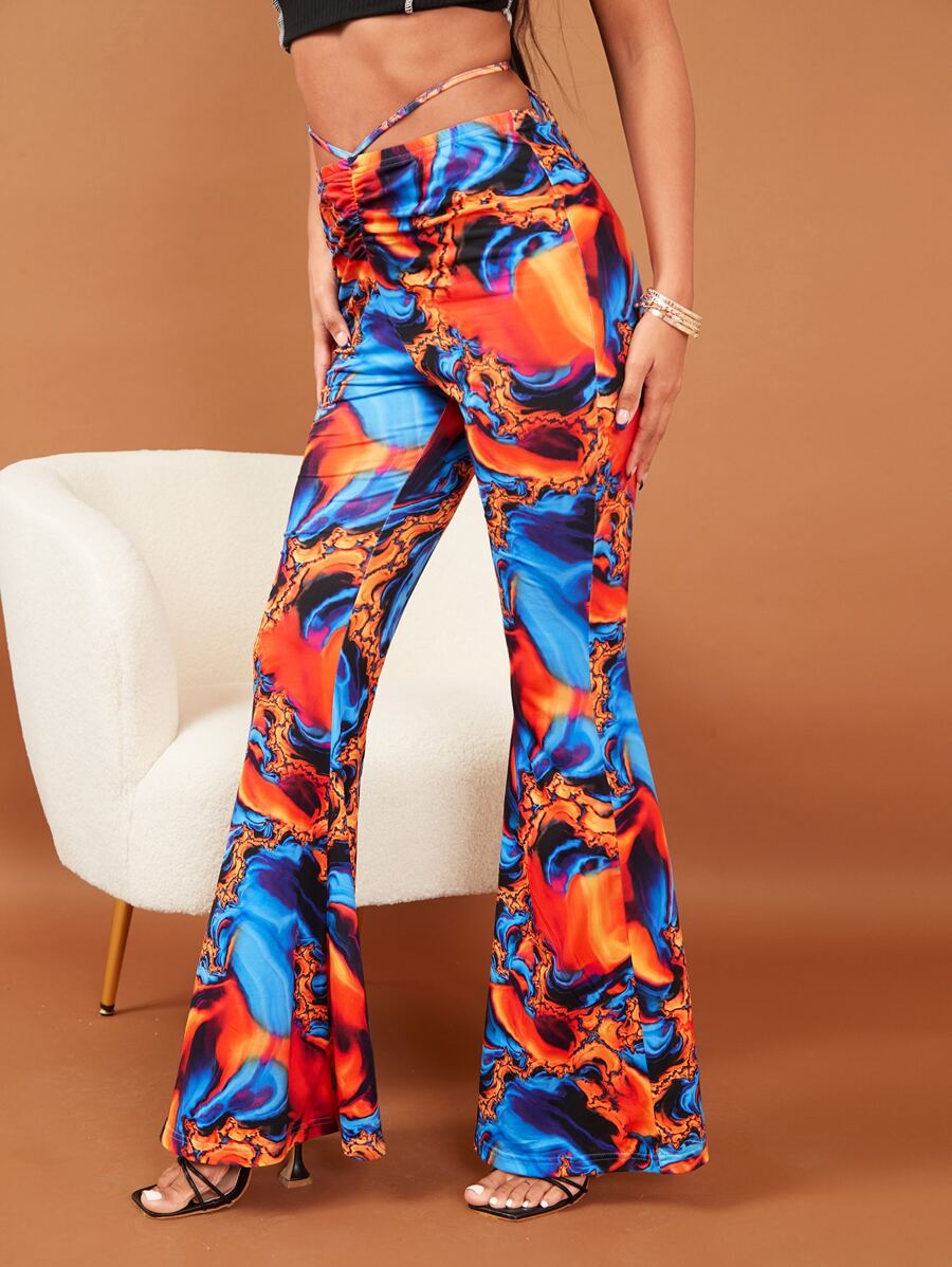 SHEIN Pantalones acampanados al azar con estampado de mármol con cordón trasero - Multicolor - Ver 1