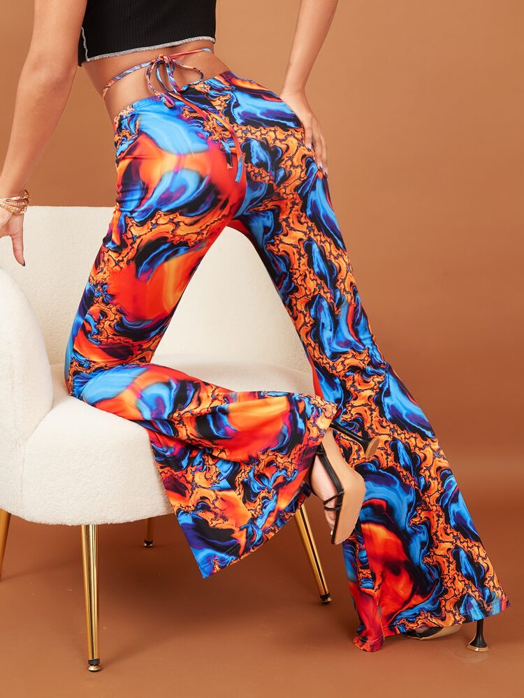 SHEIN Random Marble Print Tie Back Flare Leg Trousers - Multicolor - View 2