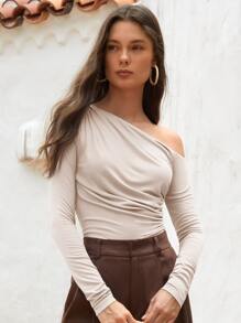 SHEIN 不對稱領褶邊T恤 - 杏色 - 查看 1