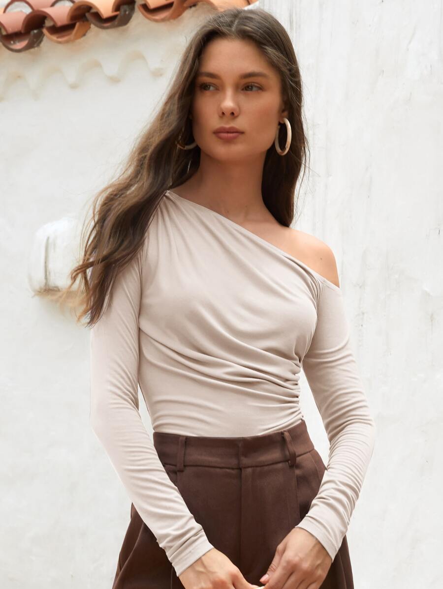 SHEIN 不對稱領褶邊T恤 - 杏色 - 查看 1