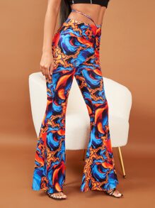 SHEIN Pantalones acampanados al azar con estampado de mármol con cordón trasero - Multicolor - Ver 3