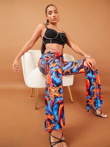 SHEIN Pantalones acampanados al azar con estampado de mármol con cordón trasero - Multicolor - Ver 4