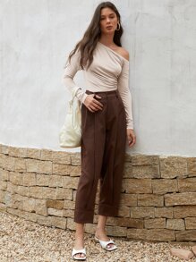 SHEIN 不對稱領褶邊T恤 - 杏色 - 查看 3