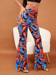 SHEIN Pantalones acampanados al azar con estampado de mármol con cordón trasero - Multicolor - Ver 5