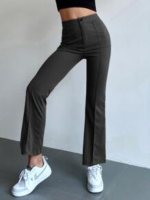 SHEIN MOOSTA Quần ống loe cạp cao có đường may phía trước - Màu xám đen - Xem 6