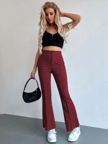 SHEIN Unity 前接縫高腰喇叭褲 - 酒紅色 - 查看 3