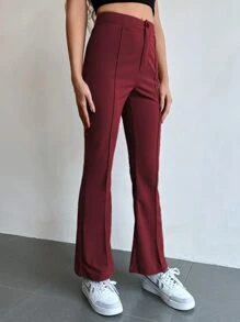 SHEIN Unity 前接縫高腰喇叭褲 - 酒紅色 - 查看 4