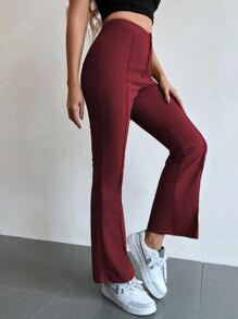SHEIN Unity 前接縫高腰喇叭褲 - 酒紅色 - 查看 6