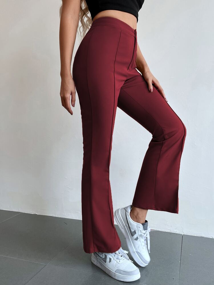 SHEIN Unity Seam Front High Waist Flare Leg Pants - Burgundy - View 6