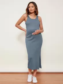 SHEIN Maternity Split Side Cable Knit Dress - Dusty Blue - View 3