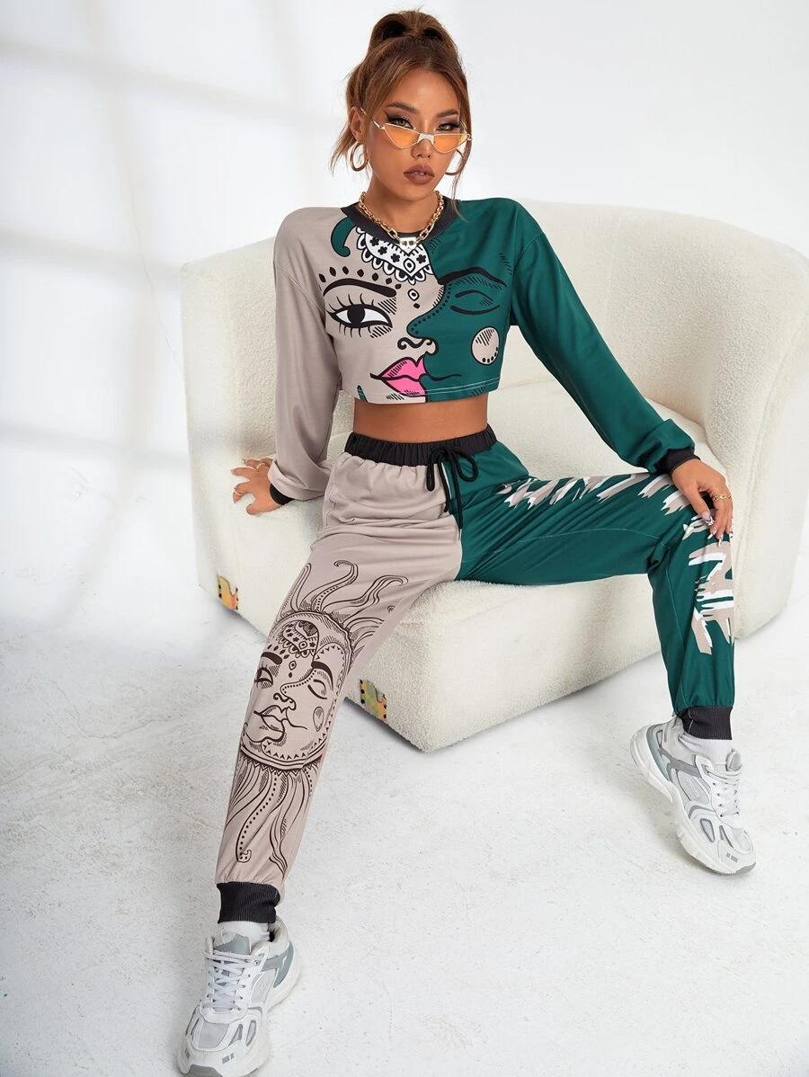 SHEIN EZwear Two Tone Figure Graphic Crop Pullover & Drawstring Waist Sweatpants - Multicolor - View 1