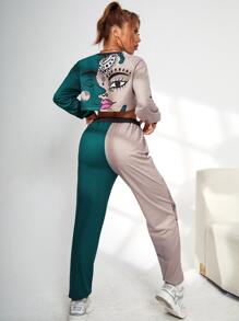 SHEIN EZwear Two Tone Figure Graphic Crop Pullover & Drawstring Waist Sweatpants - Multicolor - View 2