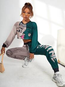 SHEIN EZwear Two Tone Figure Graphic Crop Pullover & Drawstring Waist Sweatpants - Multicolor - View 3