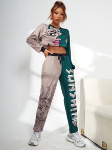 SHEIN EZwear Two Tone Figure Graphic Crop Pullover & Drawstring Waist Sweatpants - Multicolor - View 4