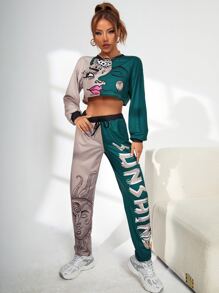 SHEIN EZwear Two Tone Figure Graphic Crop Pullover & Drawstring Waist Sweatpants - Multicolor - View 5
