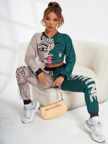 SHEIN EZwear Two Tone Figure Graphic Crop Pullover & Drawstring Waist Sweatpants - Multicolor - View 6