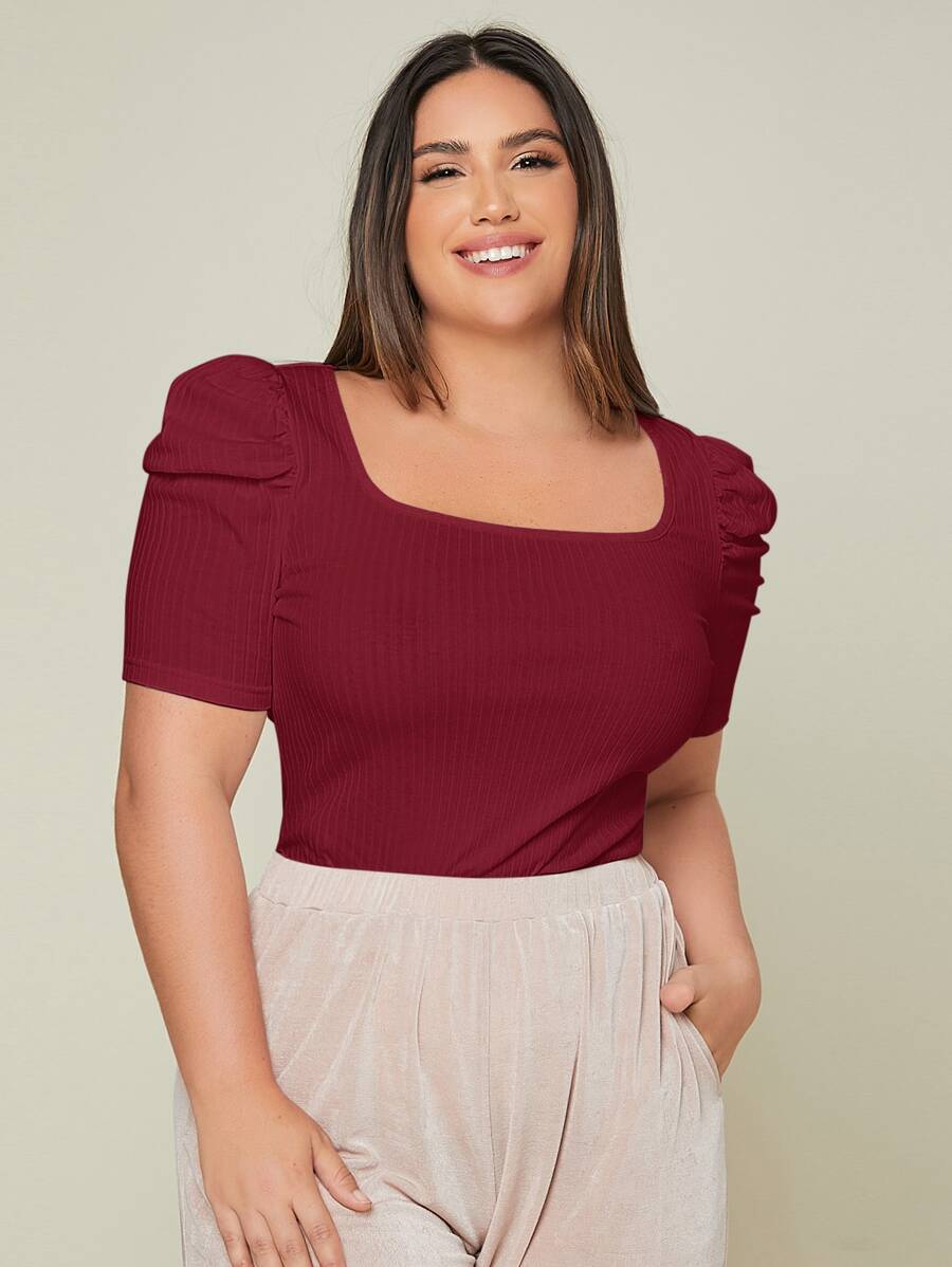 SHEIN Privé Áo thun Plus size Gân đan màu trơn Thanh lịch - Màu Đỏ Sâu - Xem 1