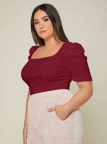 SHEIN Privé Áo thun Plus size Gân đan màu trơn Thanh lịch - Màu Đỏ Sâu - Xem 3