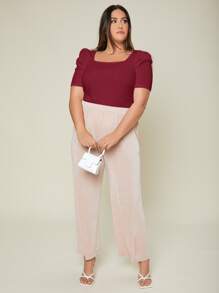 SHEIN Privé Áo thun Plus size Gân đan màu trơn Thanh lịch - Màu Đỏ Sâu - Xem 4