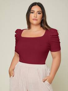 SHEIN Privé Áo thun Plus size Gân đan màu trơn Thanh lịch - Màu Đỏ Sâu - Xem 5