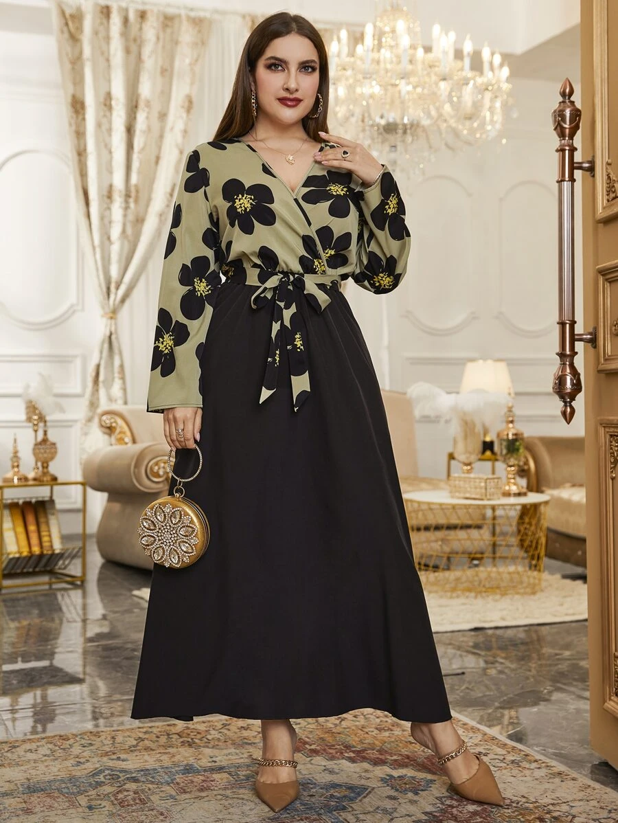 Modelyn 大碼印花交疊領繫腰帶連衣裙 - 彩色 - 查看 1