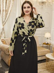 Modelyn 大碼印花交疊領繫腰帶連衣裙 - 彩色 - 查看 6