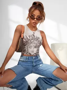 Muchica Top tank con estampado de figura y letra - Albaricoque - Ver 1