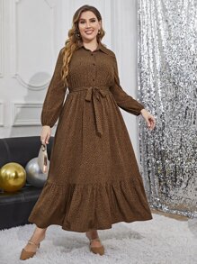 Plus All Over Print Ruffle Hem Belted Shirt Dress - Coffee Brown - View 1
