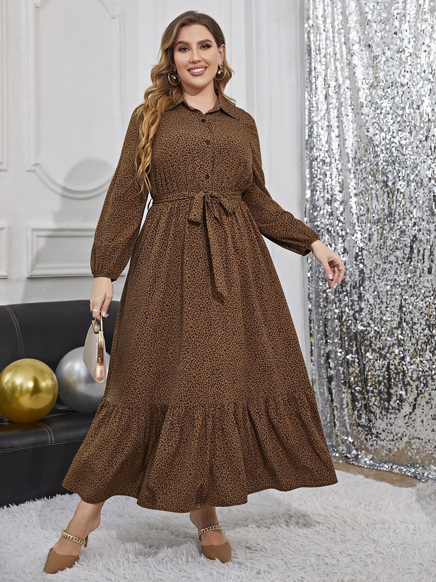 Plus All Over Print Ruffle Hem Belted Shirt Dress - Coffee Brown - View 1