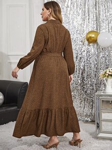 Plus All Over Print Ruffle Hem Belted Shirt Dress - Coffee Brown - View 2