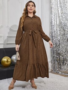 Plus All Over Print Ruffle Hem Belted Shirt Dress - Coffee Brown - View 3