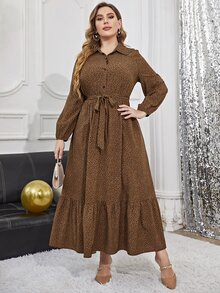 Plus All Over Print Ruffle Hem Belted Shirt Dress - Coffee Brown - View 4