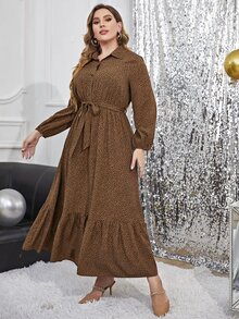 Plus All Over Print Ruffle Hem Belted Shirt Dress - Coffee Brown - View 5