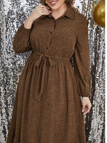 Plus All Over Print Ruffle Hem Belted Shirt Dress - Coffee Brown - View 6