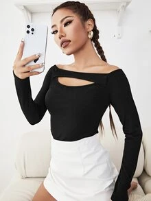 Camiseta con abertura delantera de cuello barco - Negro - Ver 3