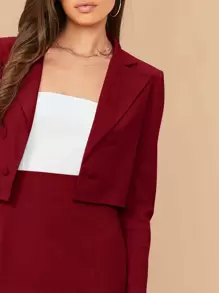 SHEIN Privé Double Breasted Cropped Blazer & M-Slit Skirt Set - Burgundy - View 3